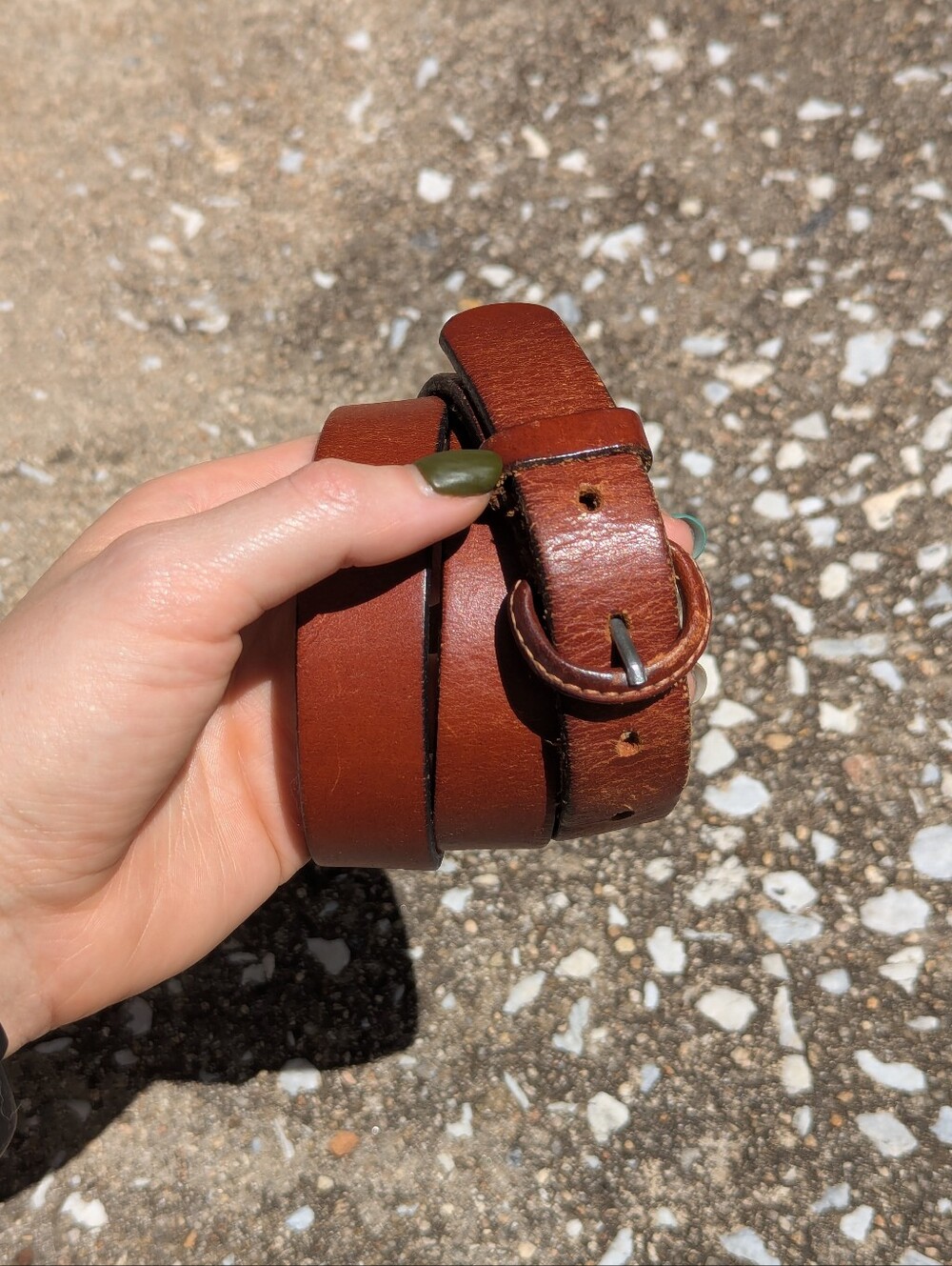 Women's Slim Brown Leather Belt with Round Buckle